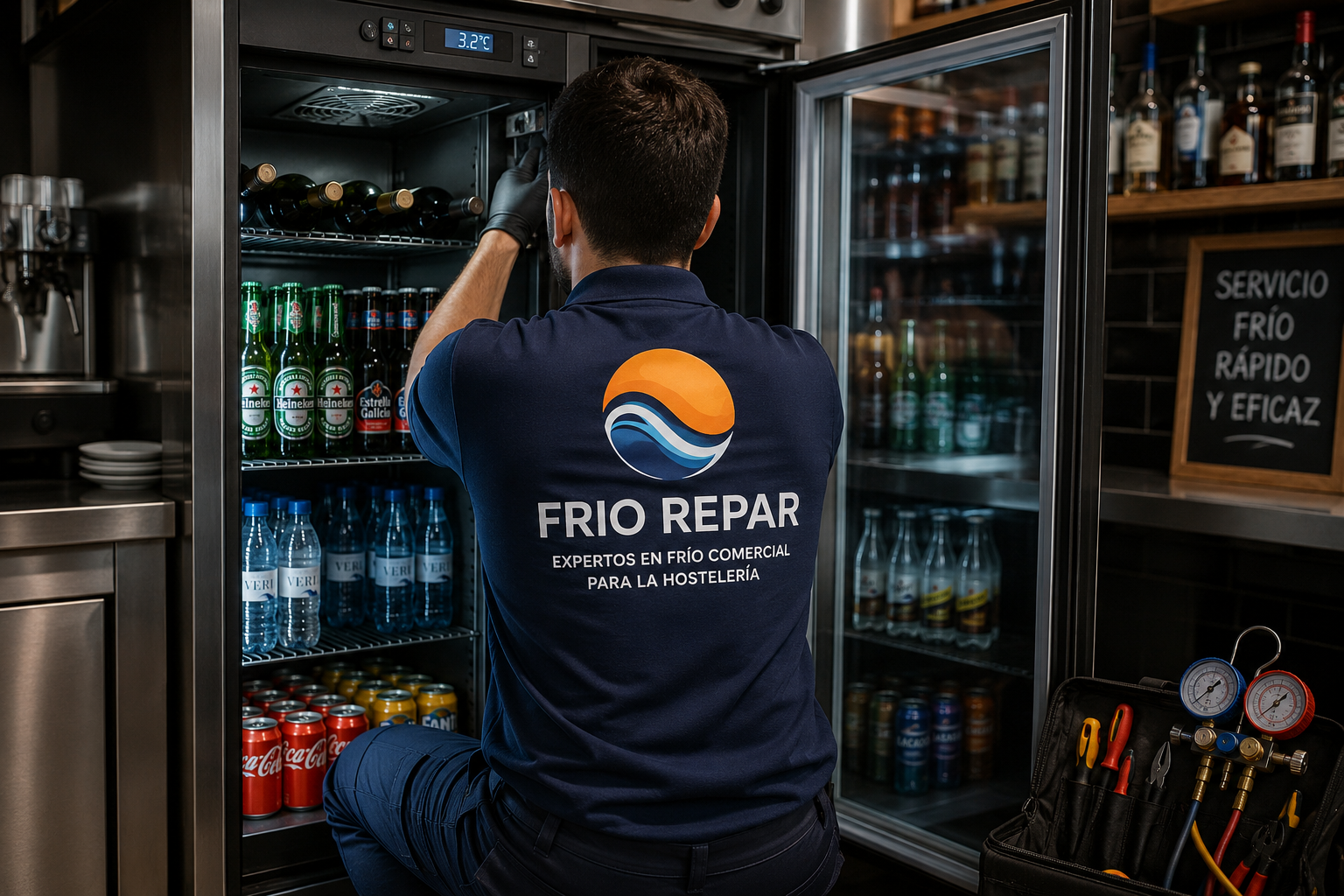 Técnico de FRIO REPAR revisando un botellero frigorífico comercial